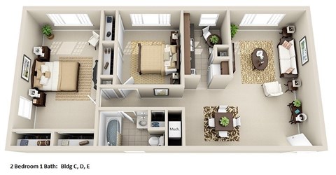 Floor plan for 2 beds, 1 bath, 820 sqft